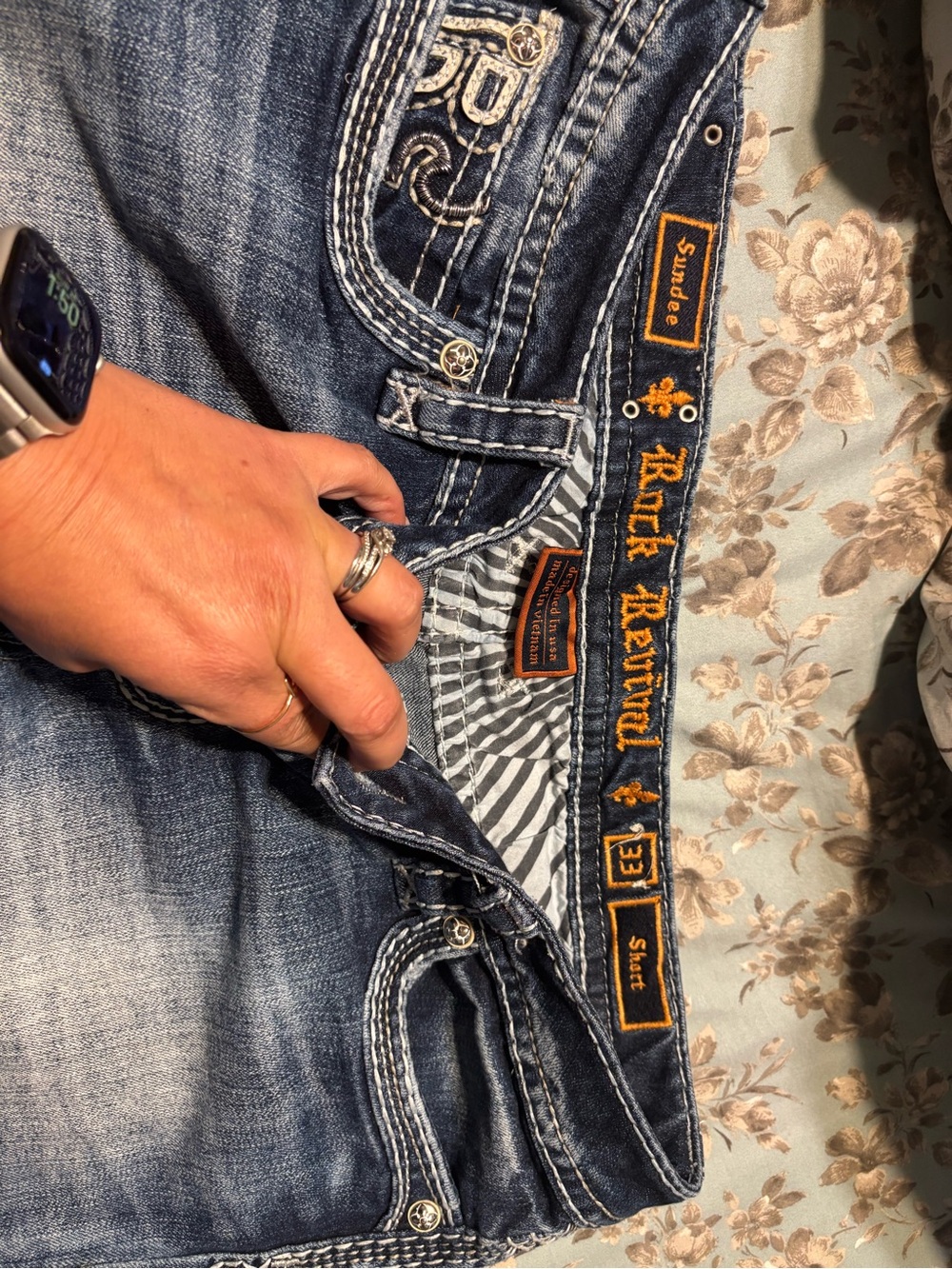 Rock Revival Faded Blue Denim Jeans with Orange Embroidery